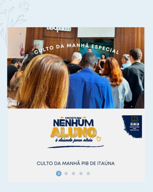 Ontem vivemos mais do que uma programação especial na EBD. Vivemos uma missão. 💙 O projeto “Nenhum Aluno é Deixado para Trás” nos lembrou que cada pessoa importa, cada história tem valor e cada vida faz parte dos planos de Deus. Fomos chamados a orar, acolher, convidar e ensinar, olhando com mais atenção para quem está presente e também para quem, por algum motivo, está distante. Que esse propósito continue para além de julho. Que nossa EBD seja cada vez mais um lugar de amor, cuidado, crescimento e salvação. Porque quando alguém falta, sentimos. Quando alguém se afasta, buscamos. E quando alguém retorna, celebramos. Nenhum aluno é deixado para trás. Porque pessoas importam para Deus e também importam para nós. 💙