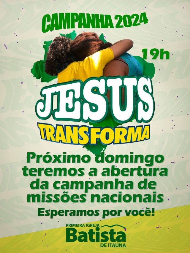 Próximo domingo é a abertura da nossa campanha de Missões Nacionais 🥰🥰🥰

Você é o nosso convidado!

#pibitaúna #domingodosenhor #missõesnacionais2024 #jejustransforma