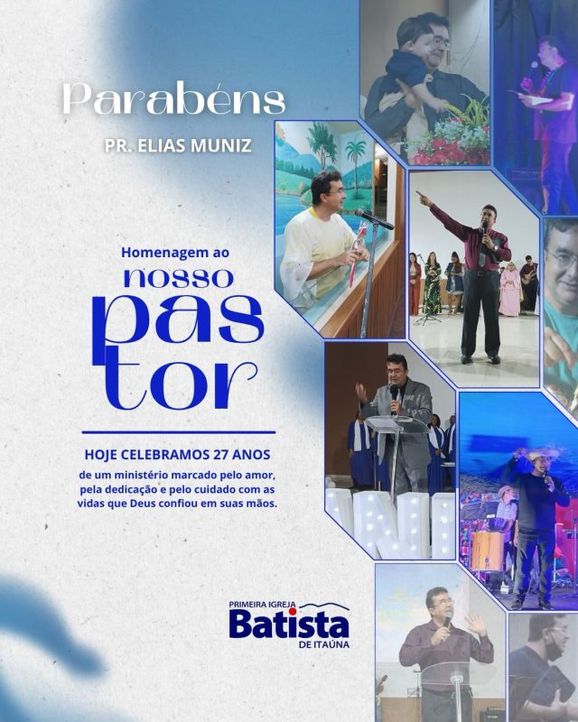 Hoje celebramos 27 anos de um ministério marcado pelo amor, pela dedicação e pelo cuidado com as vidas que Deus confiou em suas mãos. Pastor, ao longo de todos esses anos na Primeira Igreja Batista de Itaúna, o senhor tem sido muito mais do que um líder. Tem sido um exemplo de fé, perseverança, compromisso e serviço ao Reino de Deus. Sabemos que o ministério pastoral não é uma caminhada fácil. São muitas responsabilidades, desafios, lutas e renúncias. Mas, mesmo diante das dificuldades, o senhor nunca deixou de cuidar das ovelhas que Deus lhe confiou. Com amor, paciência e empenho, tem estado presente nos momentos de alegria, mas também nas horas mais difíceis de nossas vidas. Agradecemos não apenas pela sua vida, mas também pela sua família, que caminha ao seu lado, compartilhando dos desafios e das bênçãos deste chamado tão especial. Vocês são instrumentos de Deus para abençoar esta igreja e cada um de nós. Obrigado por não desistir das pessoas. Obrigado por cada oração, cada aconselhamento, cada palavra de encorajamento e cada gesto de cuidado. Seu trabalho tem deixado marcas eternas em nossos corações. Neste dia tão especial, nossa oração é que Deus continue fortalecendo sua vida, renovando suas forças e sustentando seus passos. Que o Senhor seja o seu Pastor, assim como o senhor tem sido um pastor dedicado para nós. Que nunca lhe faltem sabedoria, saúde, alegria e a certeza de que seu trabalho no Senhor não é em vão. Parabéns pelos seus 27 anos de ministério pastoral na Primeira Igreja Batista de Itaúna! Que Deus o abençoe abundantemente, juntamente com sua família, e que os próximos anos sejam repletos da graça, do amor e da presença do Senhor. Com carinho, gratidão e amor, sua igreja. #pastor #aniversario #ministerios #pibitaúna #27anos
