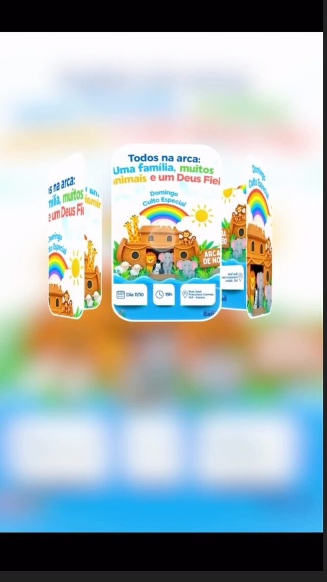 TODOS NA ARCA! Uma família, muitos animais e um Deus fiel. Domingo será uma noite muito especial! Nossa igreja estará reunida para um culto preparado com muito carinho, alegria e dedicação, com a participação musical das nossas crianças. Está ficando lindo… e você não pode perder! Será uma noite para celebrar, adorar e lembrar que, em todos os tempos, Deus permanece fiel! Traga sua família, traga mais crianças, convide alguém e compartilhe esse convite. Vamos juntos celebrar! Culto com as nossas crianças. Esperamos você!