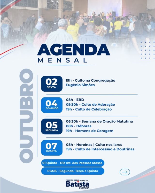 OUTUBRO CHEGOU COM UMA AGENDA ESPECIAL! Um novo mês se inicia, e com ele temos muitos momentos preparados para vivermos juntos como igreja. Além da nossa programação semanal, outubro será marcado por cultos especiais, congressos, encontros, celebrações e momentos de comunhão. 📅 Confira alguns destaques do mês: • 05/10 — Semana de Oração Matutina • 10/10 — Move Teen | Culto dos Adolescentes + Intercâmbio • 11/10 — Culto Especial das Crianças + Almoço de Missões + Ceia do Senhor • 12/10 — Dia da Criança Batista • 15/10 — Dia Batista do Brasil • 17 e 18/10 — Congresso de Mulheres “Até Transbordar” • 18/10 — Dia do Educador Cristão • 24/10 — Move | Culto dos Jovens • 31/10 — Dia da Reforma Protestante E, durante todo o mês, seguimos juntos em nossa programação regular: EBD, Cultos de Adoração, Celebração, Déboras, Homens de Coragem, Heroinas, Culto de Intercessão e Doutrinas, PGMS e muito mais. Salve esta publicação, compartilhe com sua família e programe-se para estar conosco! Que outubro seja um mês de comunhão, crescimento, serviço e fé. 📍 Primeira Igreja Batista de Itaúna 🗓️ Confira a agenda completa nas artes desta publicação. #PrimeiraIgrejaBatistaDeItaúna #PIBItaúna #AgendaMensal #Outubro #igrejabatista